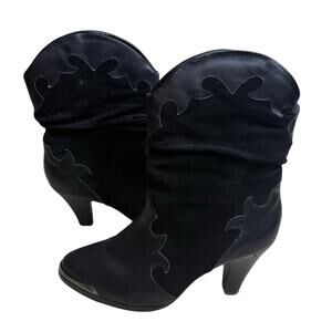 VINTAGE NEDWEST Women's Size 8 Slouchy Leather Heeled Cowgirl Boots Black Flames